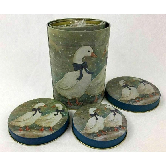 Set 3 Nesting Metal Tin Box Container Lidded Winter Ducks Ribbons Snow Gift - Picture 3 of 7